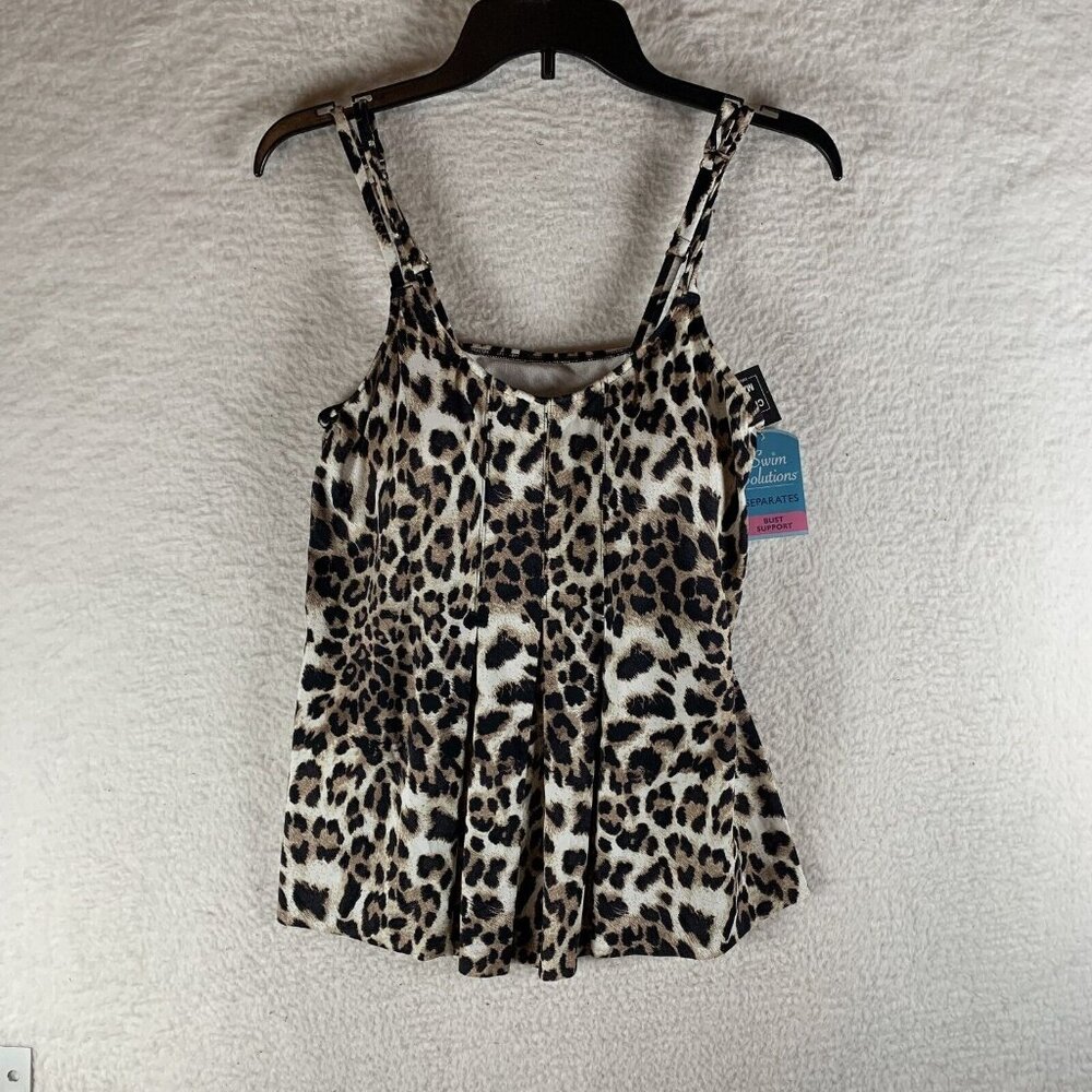 Swim Solutions Tankini Top Women's 12 Tan Beige Leopard Print Pleat-Front Beach